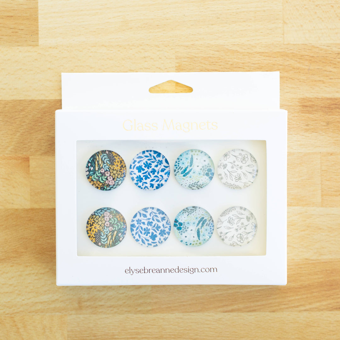 Blue Floral Glass Magnets Set