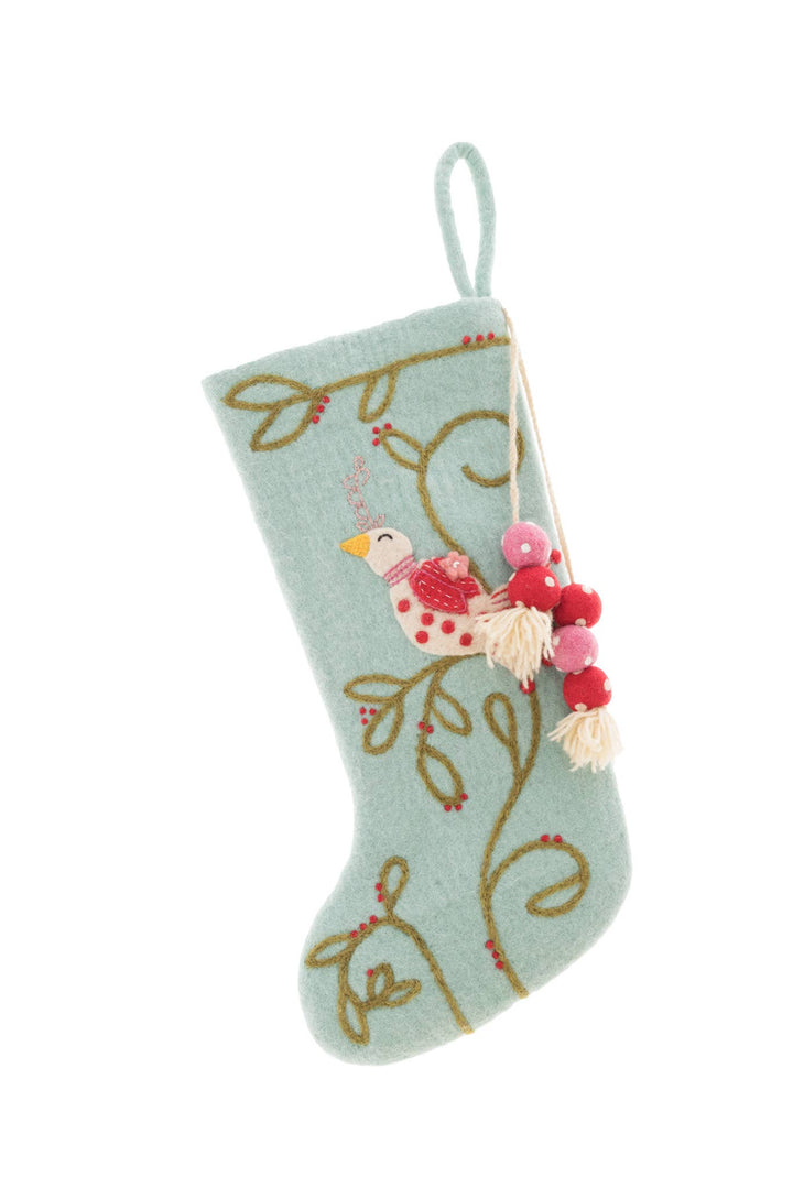 Aqua Coo Coo Bird Stocking - Merry PigletsFrench Knot