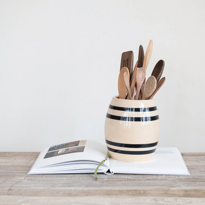 Black & Cream Striped Crock - Merry PigletsCreative Co - Op