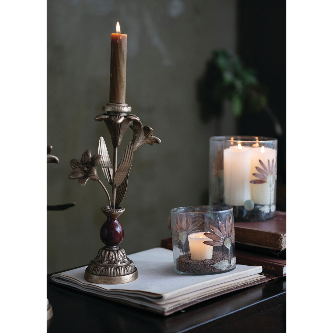 Cast Iron Taper Holder with Flowers - Merry PigletsCreative Co-Op