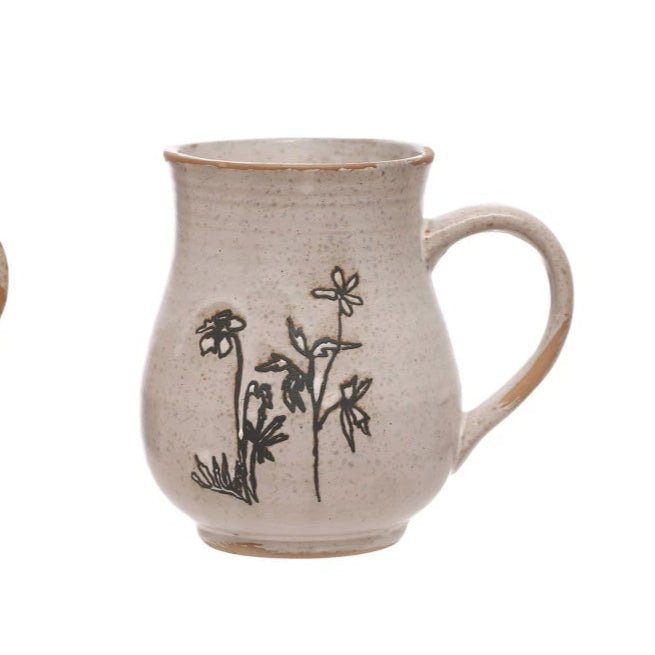 Debossed Stoneware Botanical Mug - Merry PigletsCreative Co - Op