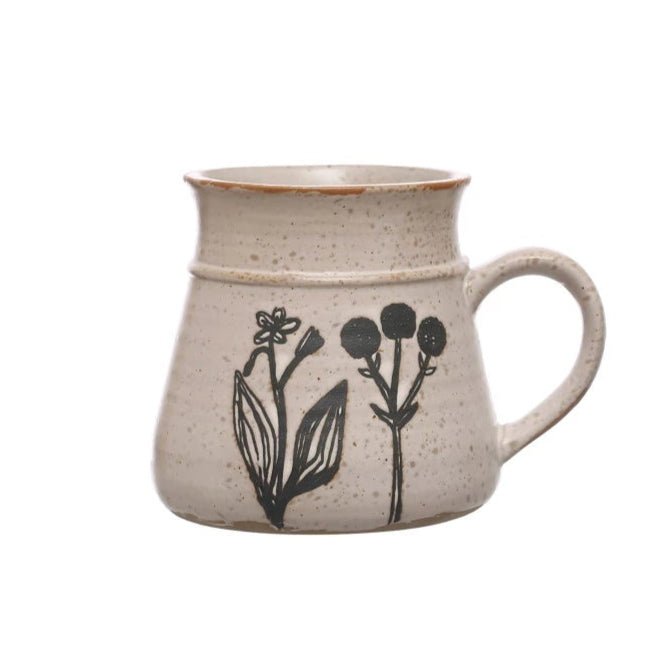 Debossed Stoneware Botanical Mug - Merry PigletsCreative Co - Op