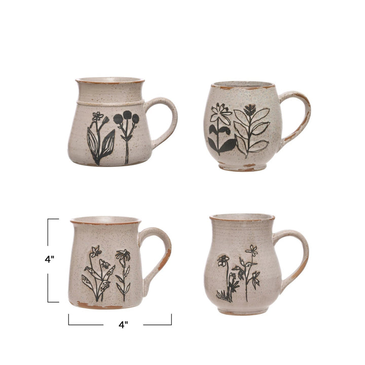 Debossed Stoneware Botanical Mug - Merry PigletsCreative Co - Op