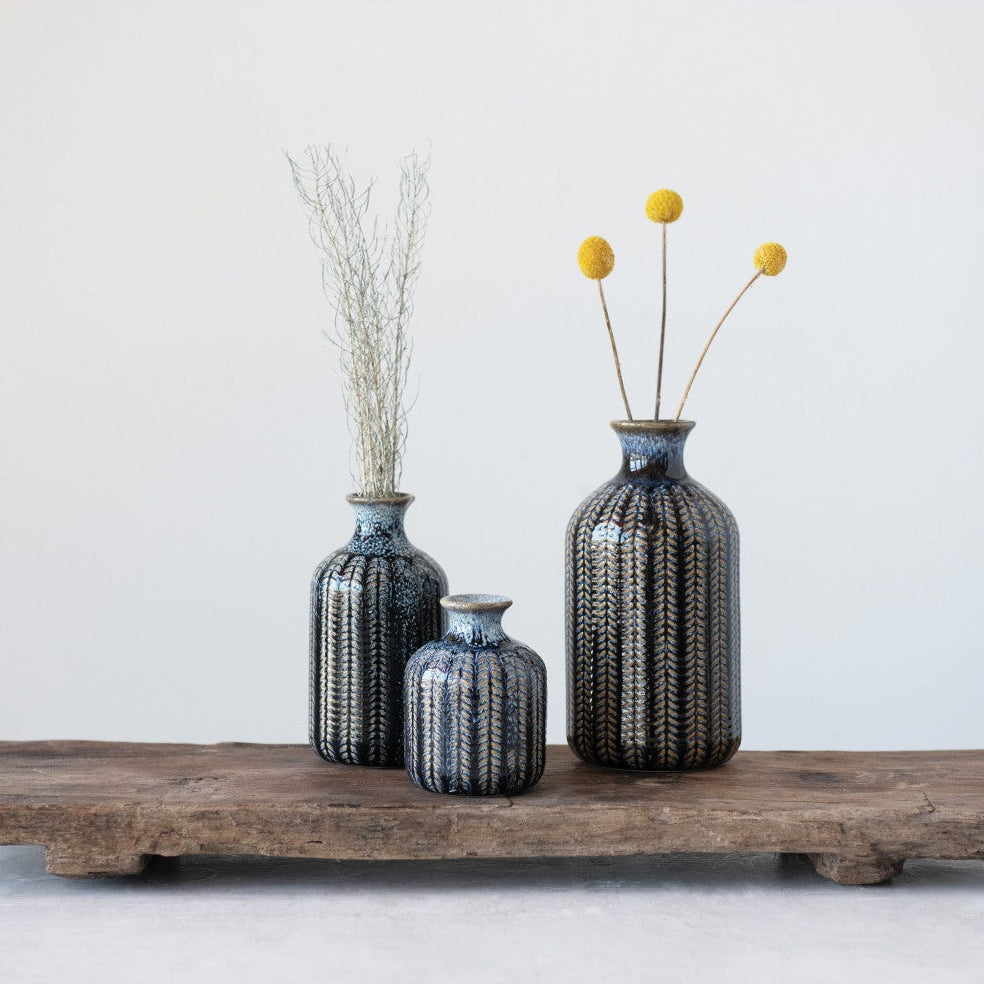 Embossed Blue Stoneware Glazed Vase