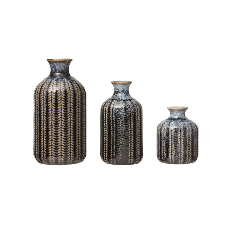 Embossed Blue Stoneware Glazed Vase