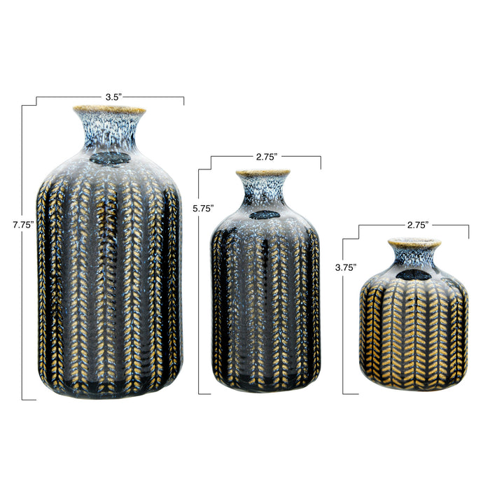 Embossed Blue Stoneware Glazed Vase