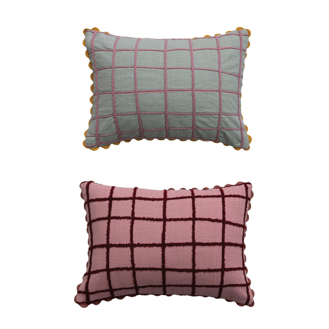 Embroidered Grid Lumbar Pillow - Merry PigletsCreative Co-Op