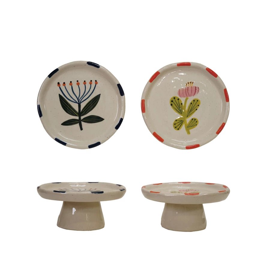 Floral Stoneware Pedestal - Merry PigletsCreative Co - Op