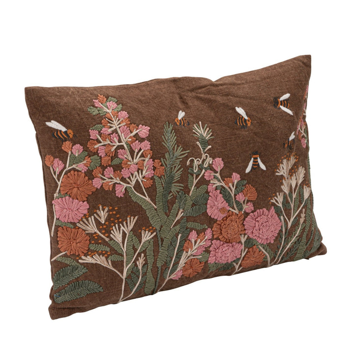 Flowers & Bees Embroidered Pillow - Merry PigletsCreative Co-Op