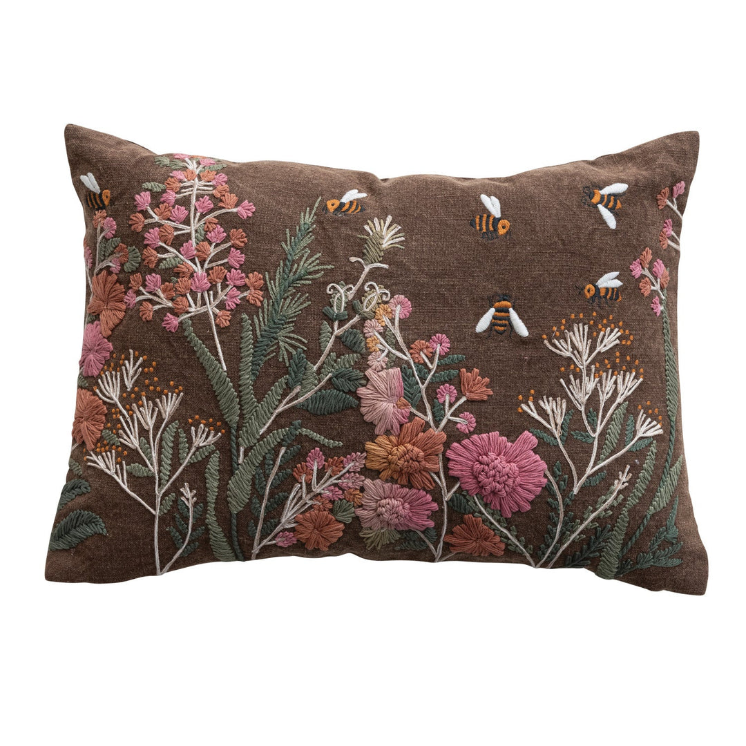 Flowers & Bees Embroidered Pillow - Merry PigletsCreative Co-Op