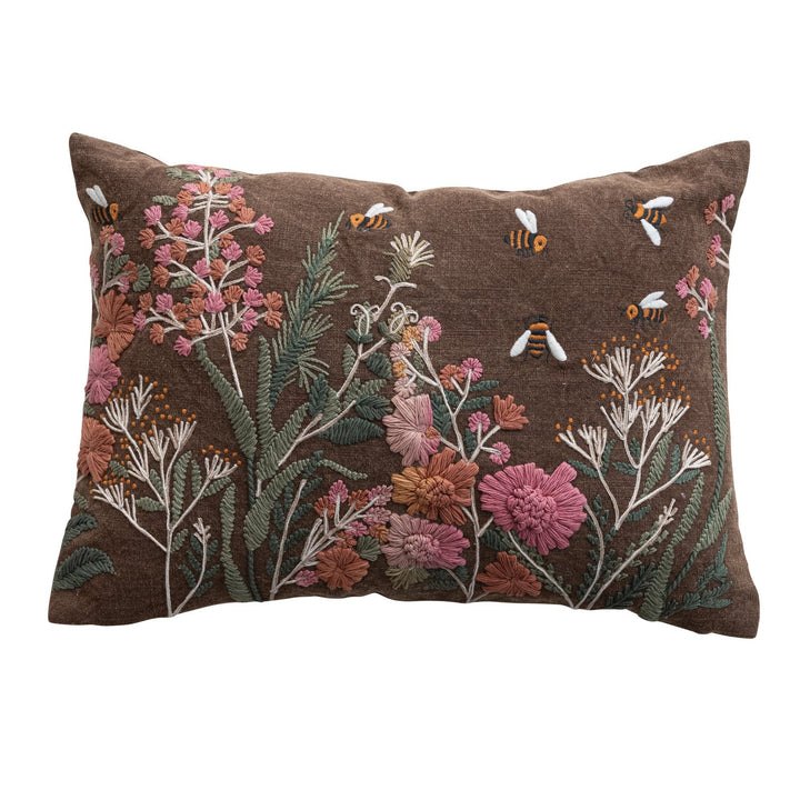 Flowers & Bees Embroidered Pillow - Merry PigletsCreative Co-Op
