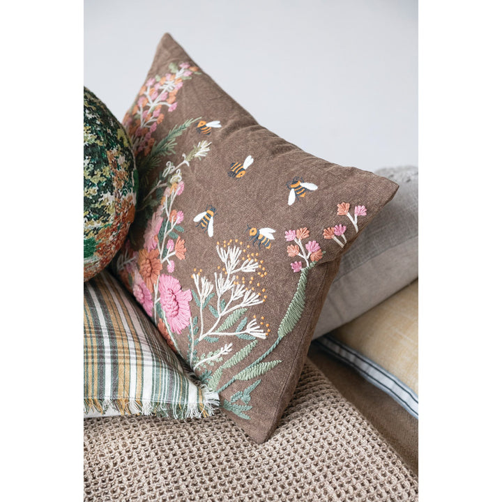 Flowers & Bees Embroidered Pillow - Merry PigletsCreative Co-Op