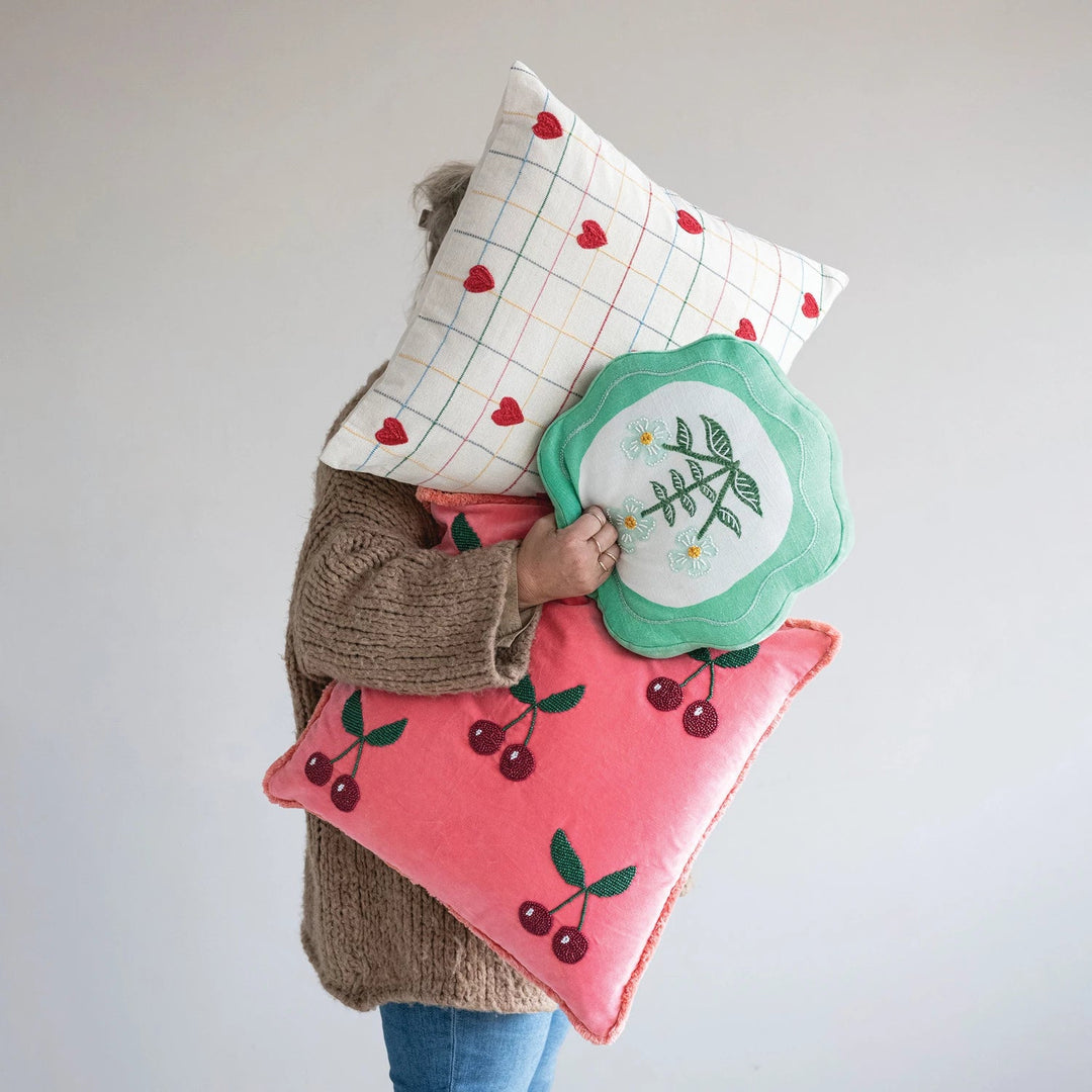 Round Scalloped Embroidered Pillow - Merry PigletsCreative Co - Op