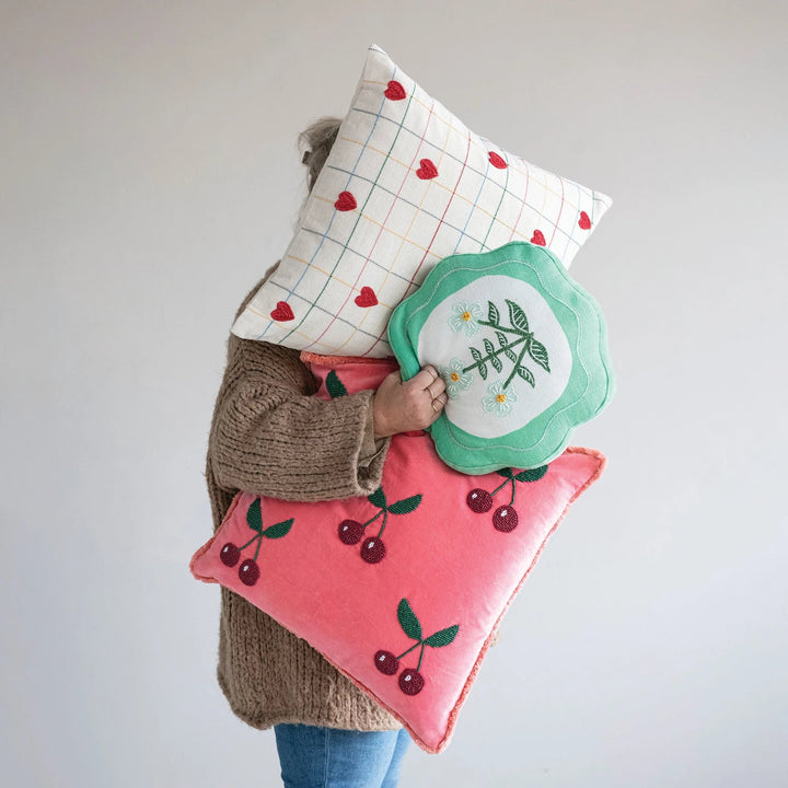 Round Scalloped Embroidered Pillow - Merry PigletsCreative Co - Op
