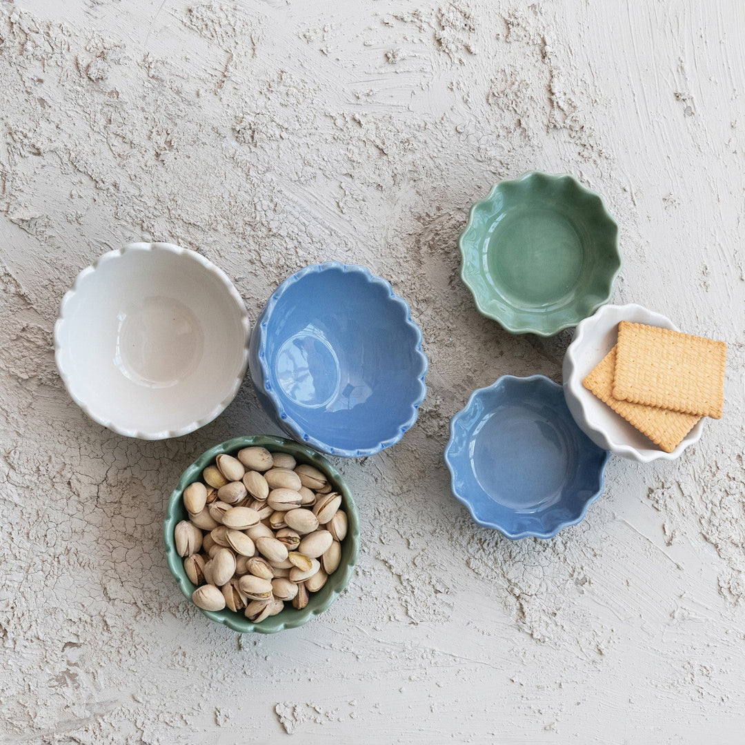 Stoneware Scalloped Bowl - Merry PigletsCreative Co-Op