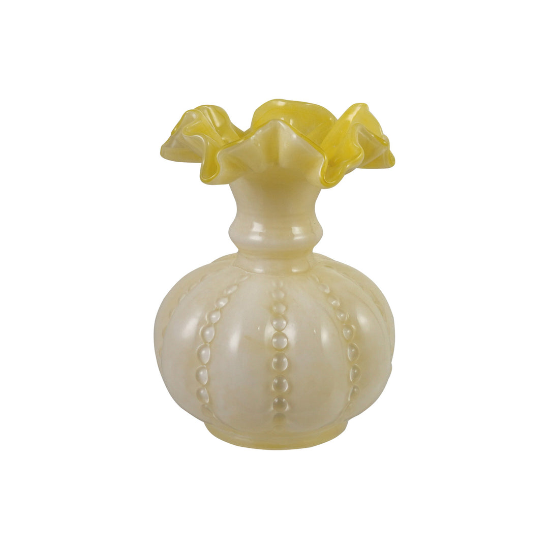 Yellow + White Ruffled Glass Vase