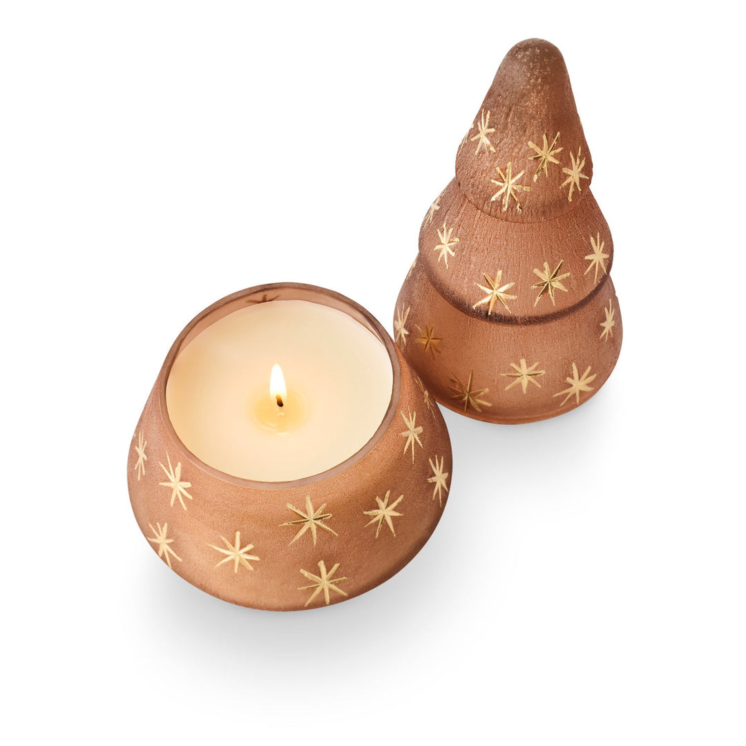 Woodfire Frosted Star Glass Tree Candle - Merry PigletsIllume