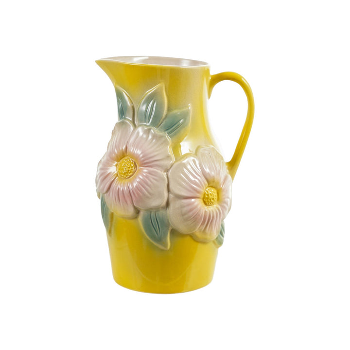 Yellow Stoneware Floral Pitcher - Merry PigletsCreative Co-Op